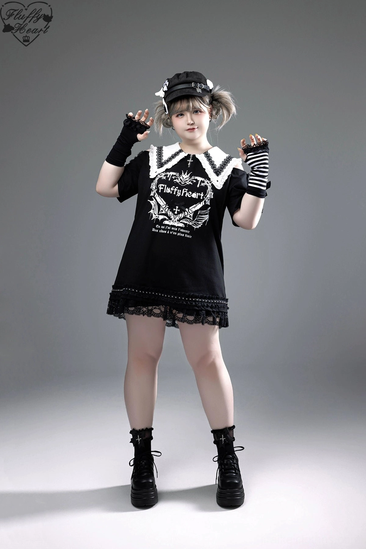 Jirai Kei dress styled for photography content creation showing front angles artistic posing with pointed collar emphasis