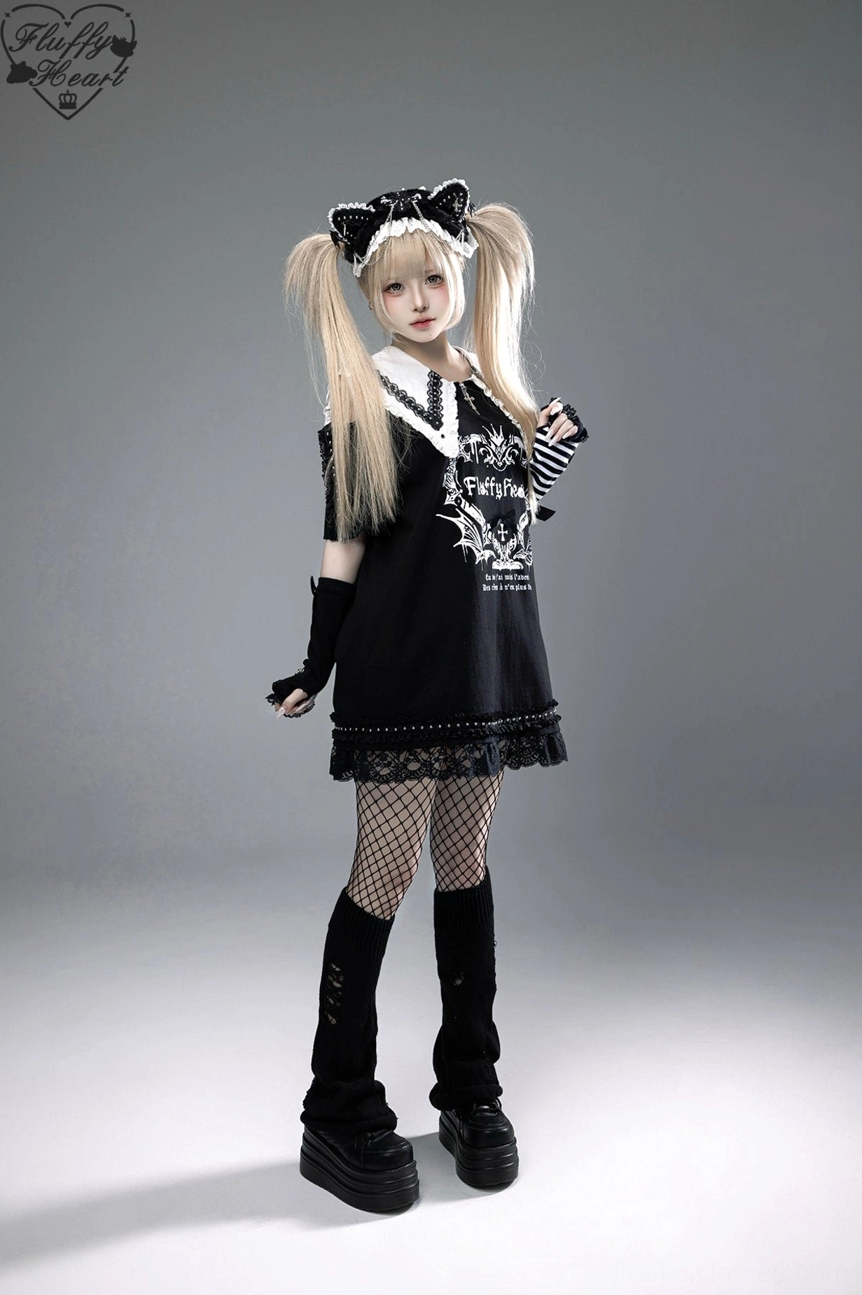 Jirai Kei dress styled with platform Mary Jane shoes fishnet stockings and gothic accessories complete alternative outfit