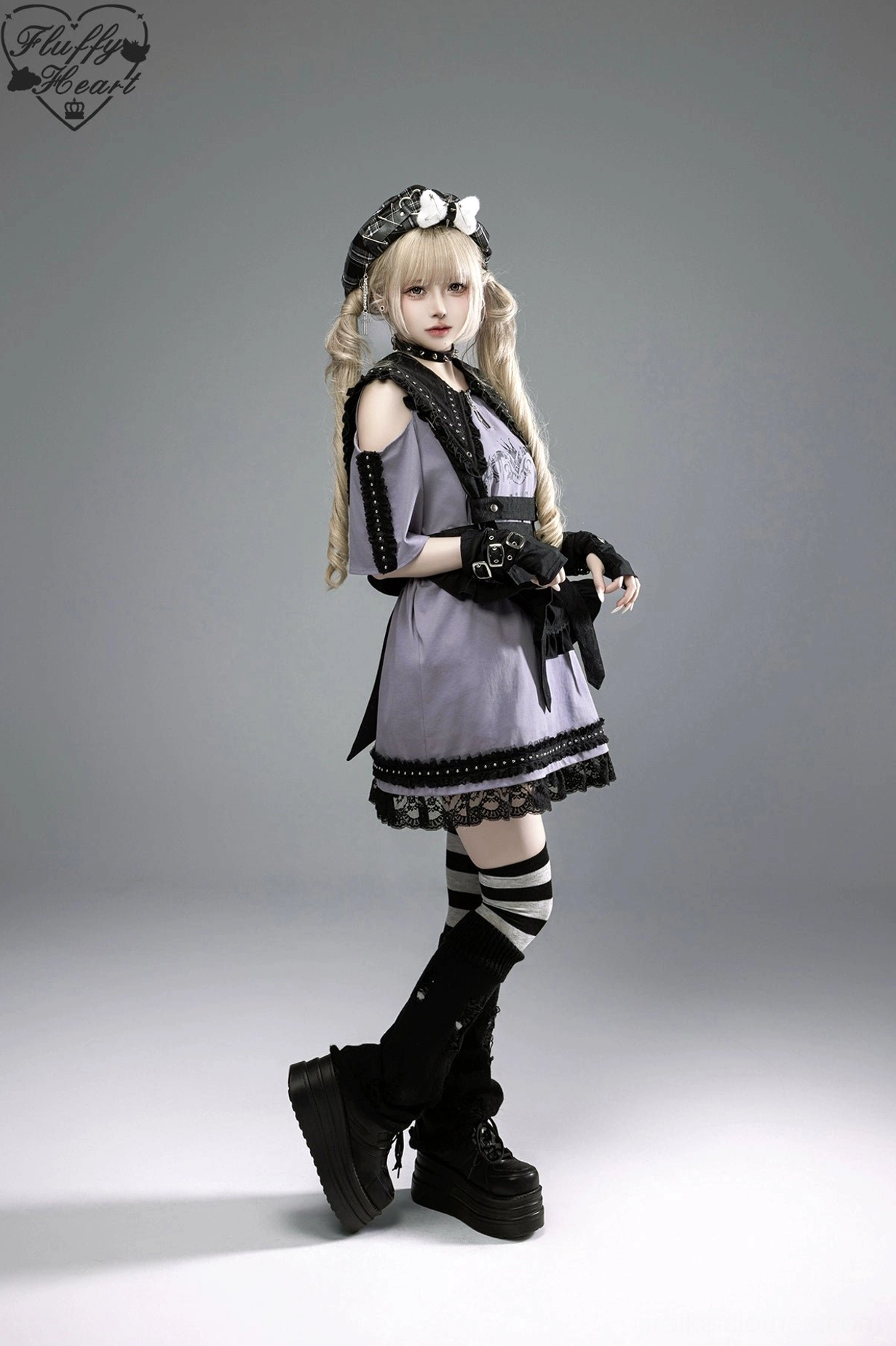 Jirai Kei dress three-quarter view showing pointed collar off-shoulder construction and gothic aesthetic overall composition