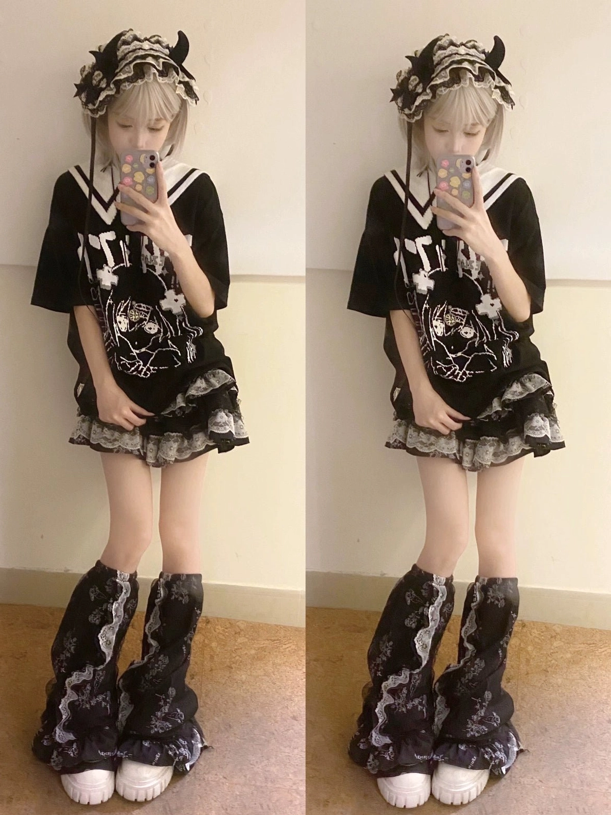 Twin girls wearing Jirai Kei punk skirt sets with horn headdresses printed black tees and fuzzy leg warmers front mirror pose