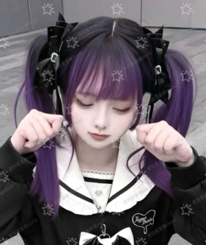 Black satin bow hair clips with heart-shaped rhinestone accents and long ribbon streamers worn in purple twin tails sweet sailor aesthetic
