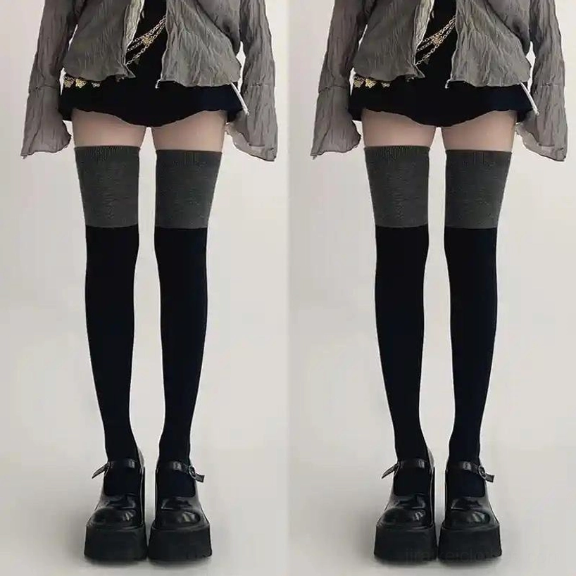 Black-grey extra-long thigh-high socks two pairs Jirai Kei charcoal blend extended thigh coverage