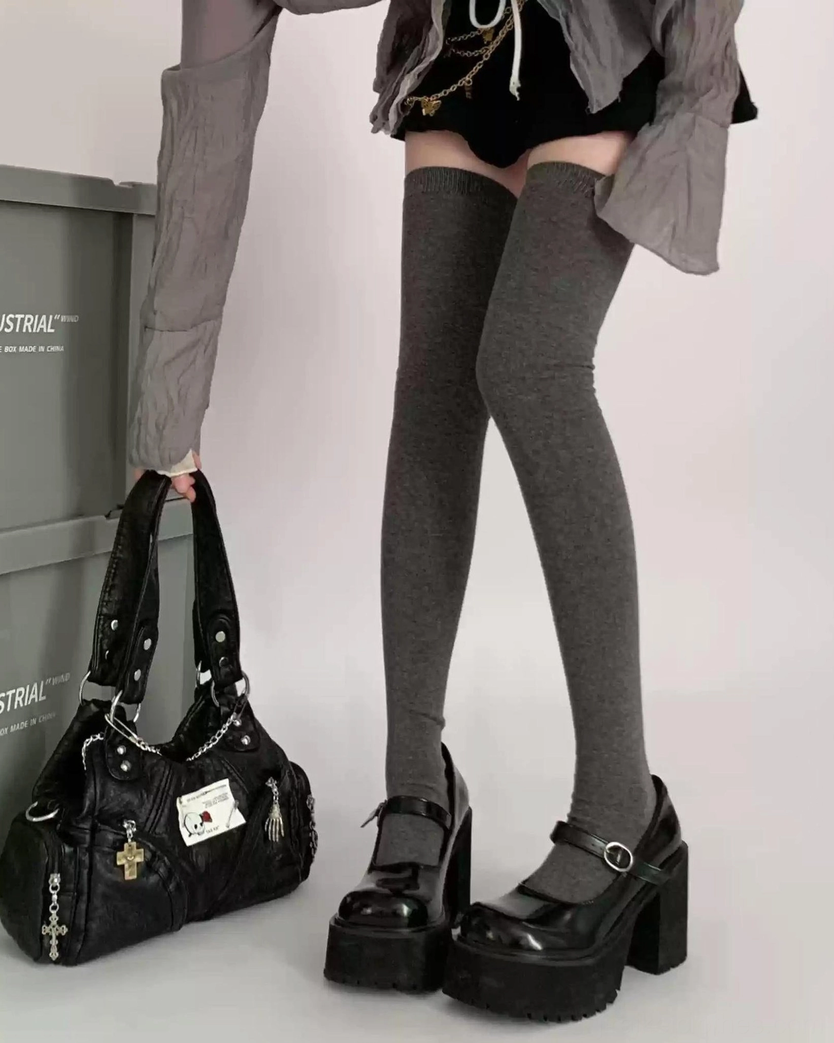 Extra-long dark grey thigh-high socks two pairs Jirai Kei set extended length for tall frames