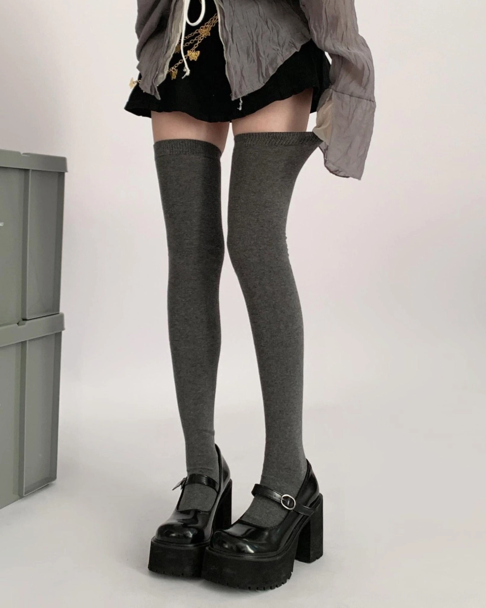 Two pairs regular black thigh-high socks Jirai Kei set collection matching pair stockings