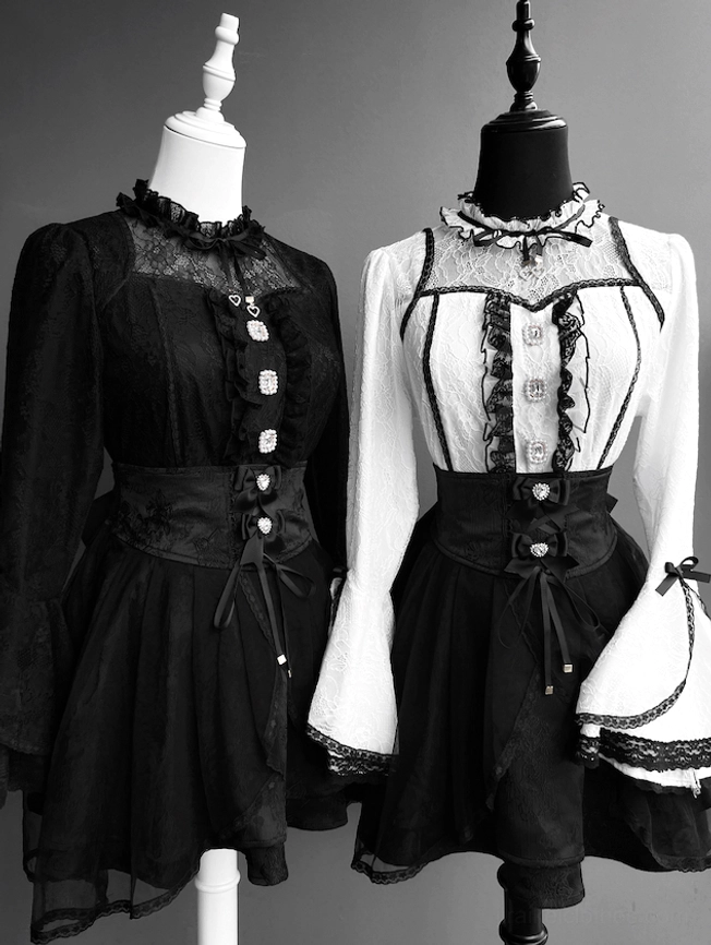 Jirai kei blouse and skirt mannequin display black white lace button-front design
