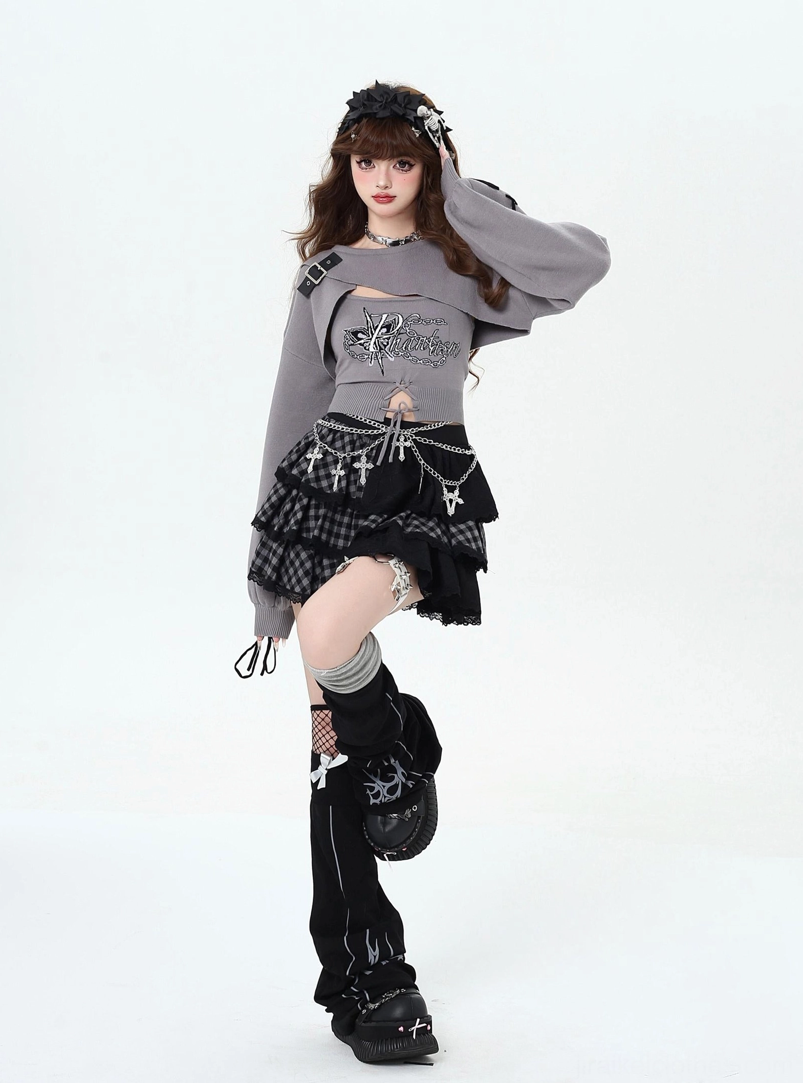 Jirai Kei two-piece knit set styled with fishnet stockings garter accessories and alternative fashion styling