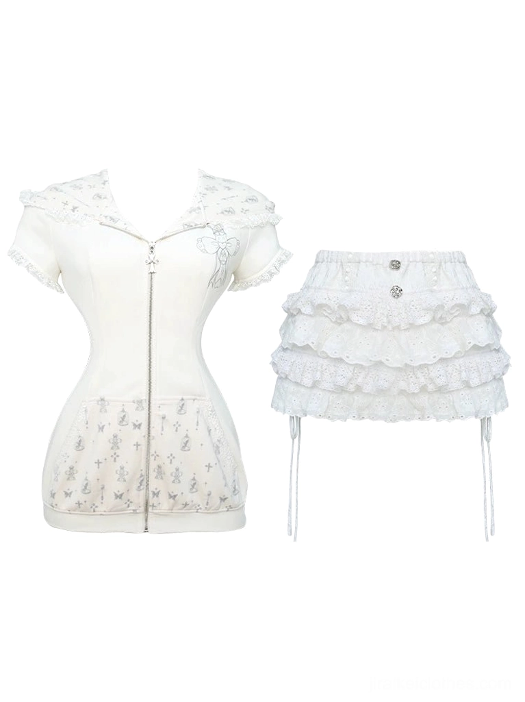 Jirai Kei two-piece set flat lay full view cream white bunny hoodie and tiered lace skort with drawstring hem