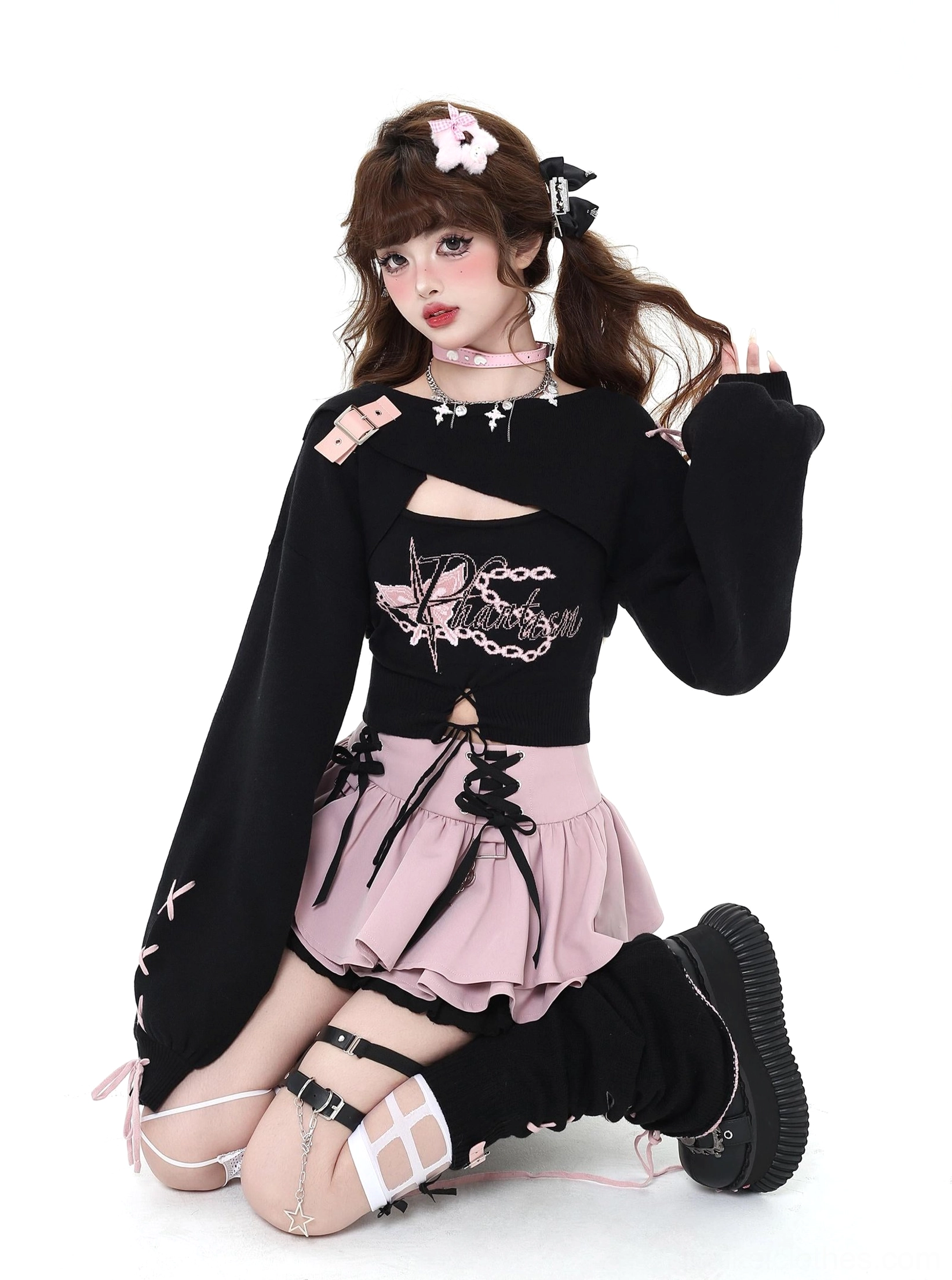 Jirai Kei two-piece knit set styled with platform boots chain accessories provocative silhouette