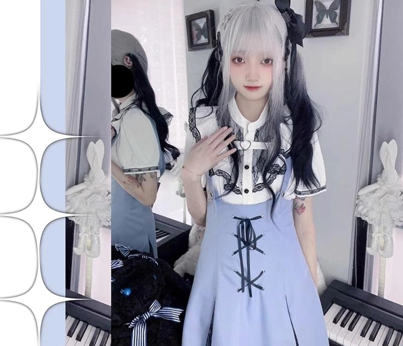 Jirai kei two-piece set size guide fit demonstration showing silhouette and coverage for different sizes