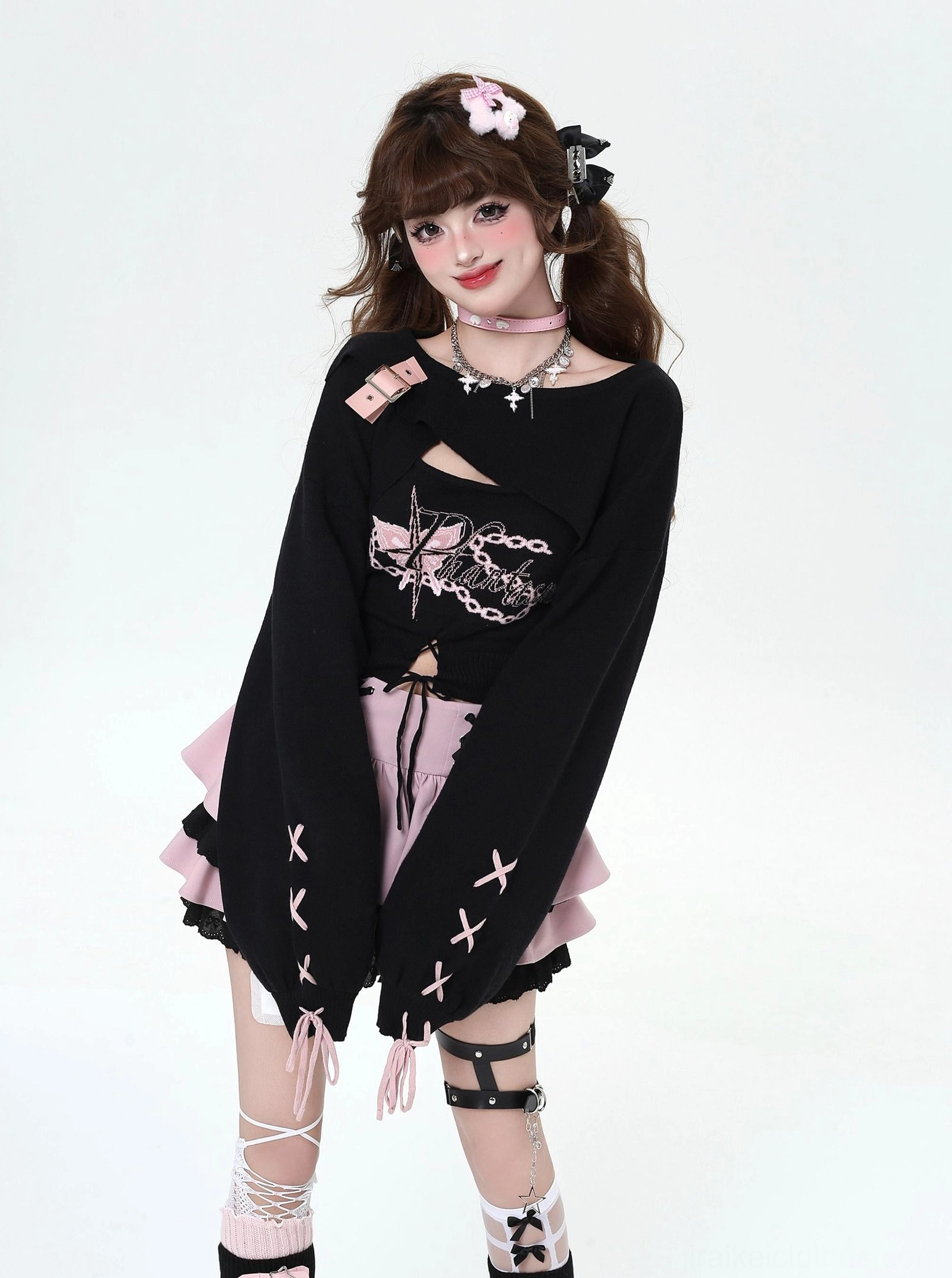 Jirai Kei two-piece knit set versatile styling flat lay showing bolero camisole separate pieces