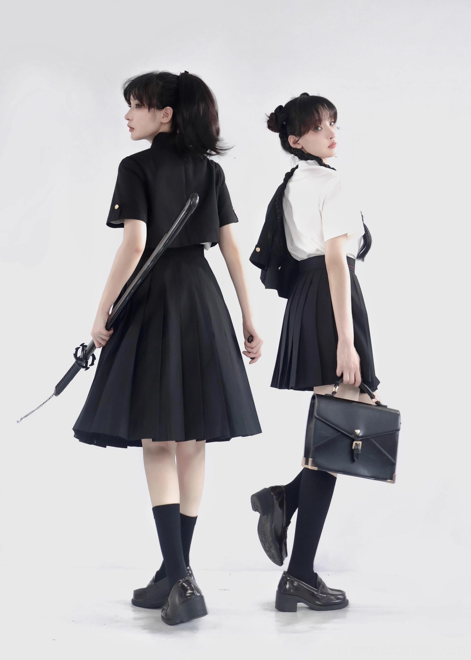 Jirai Kei uniform back view dual-model studio white background handbag samurai sword props mixed outfit styles
