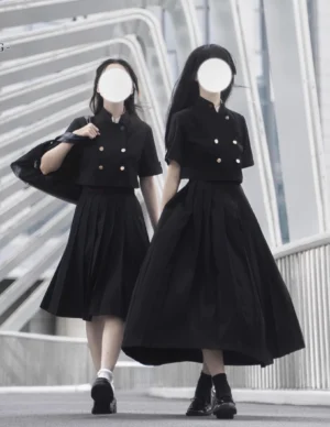 Jirai Kei uniform pleated skirt lengths outdoor overpass side walking view black long skirts embroidered coat street style