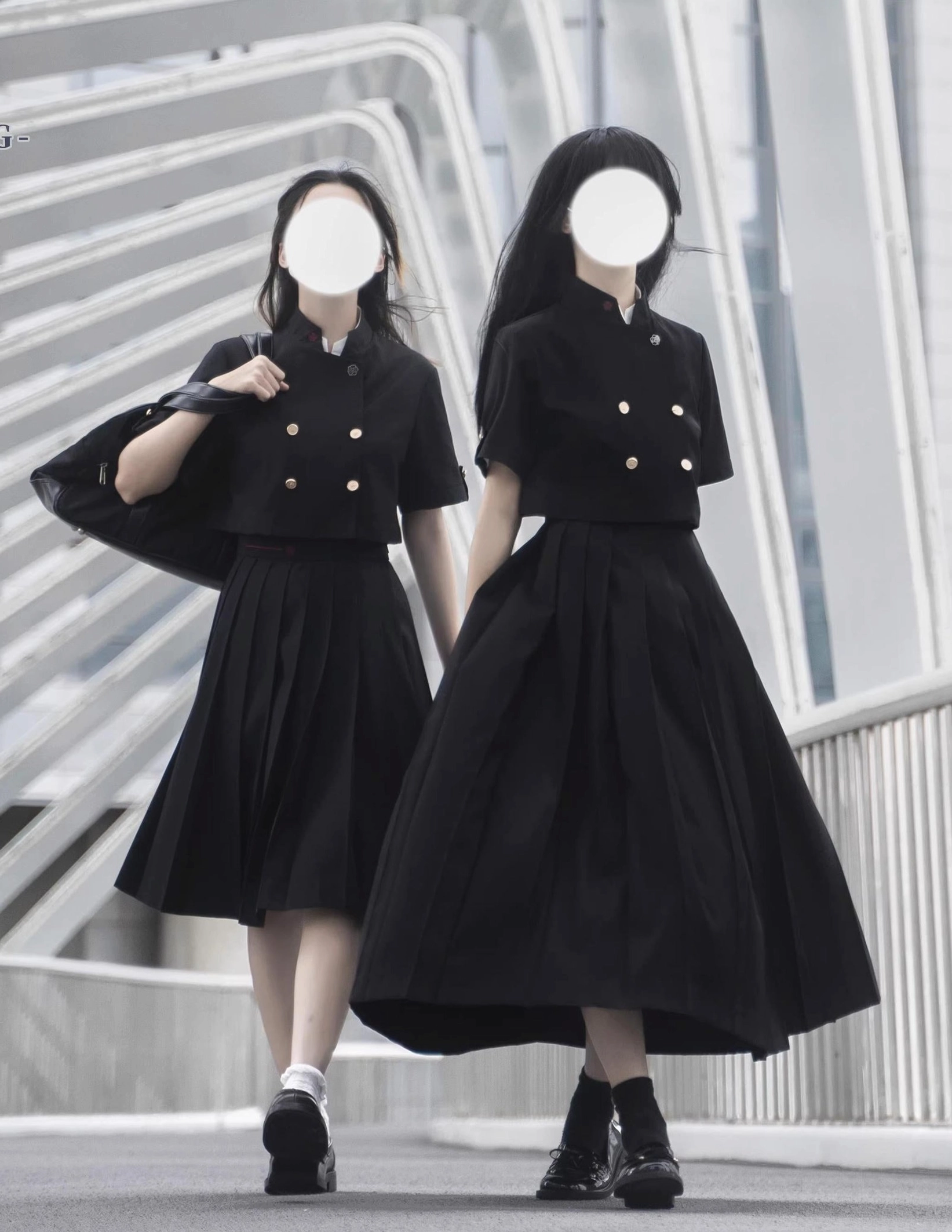 Jirai Kei uniform pleated skirt lengths outdoor overpass side walking view black long skirts embroidered coat street style