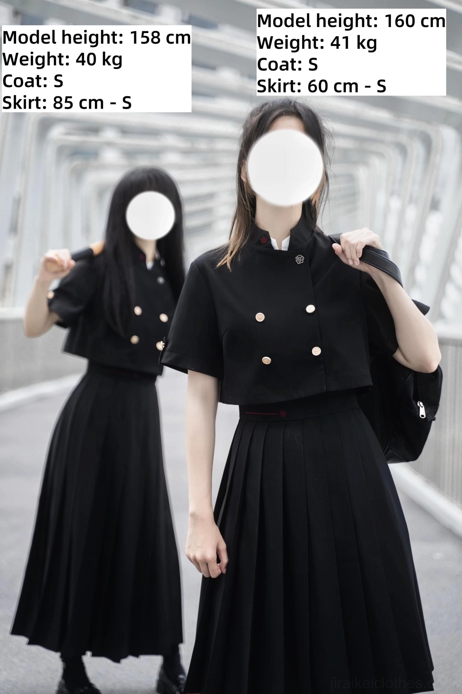 Jirai Kei uniform set styling multiple outfit combinations black white coat shirt skirt variations
