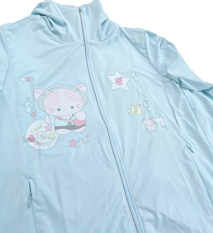 Kawaii jirai kei UV protection jacket water blue color, highlighting breathable polyester-spandex fabric blend and playful graphic embellishments