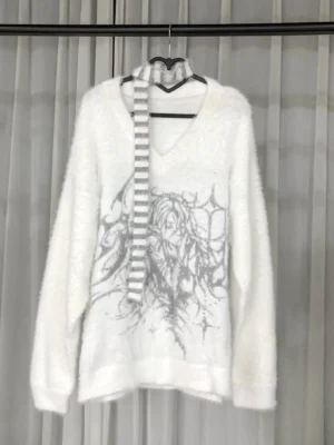 Oversized Jirai Kei V-neck sweater flat display hanging view with grey anime print and striped scarf