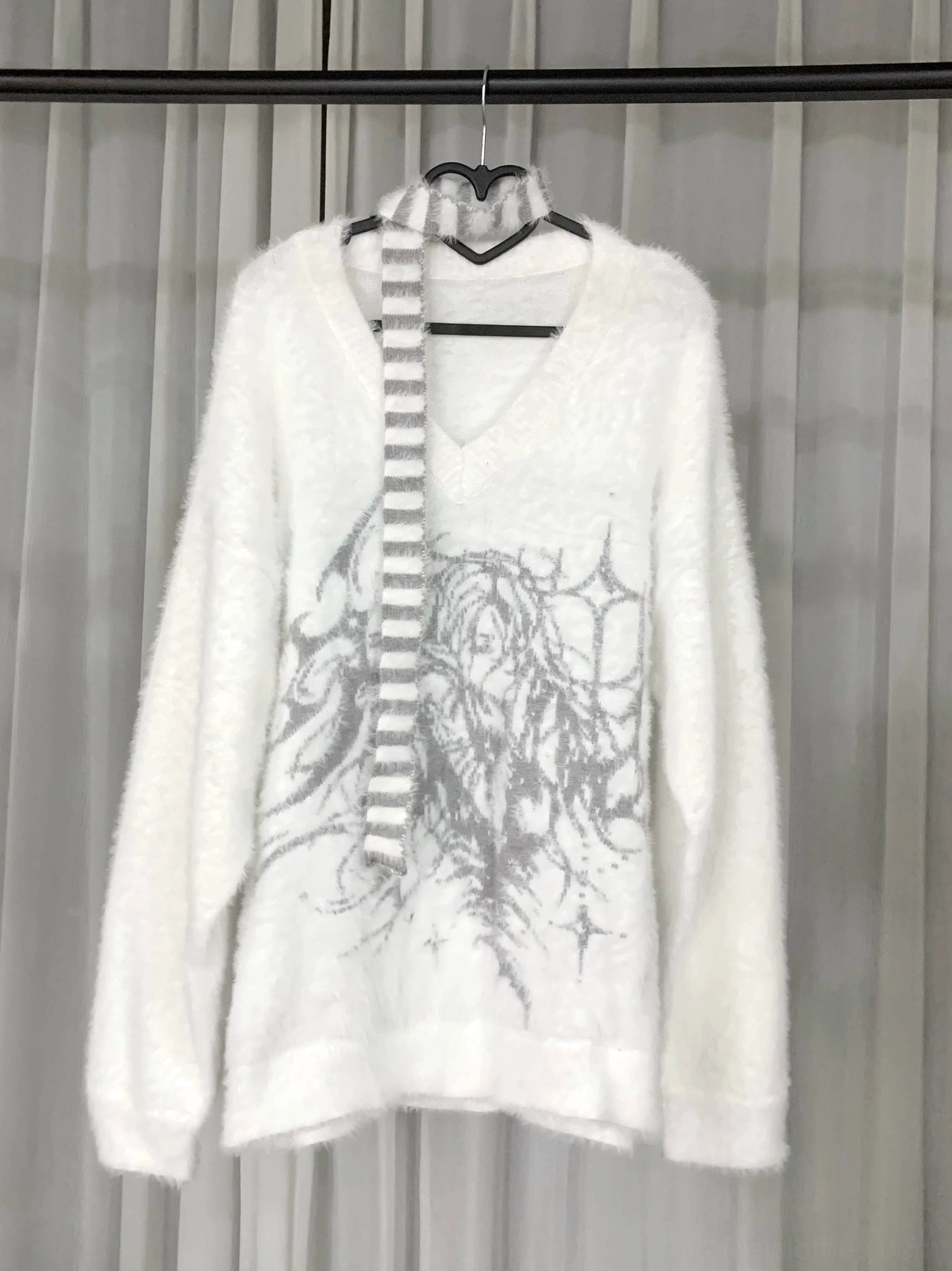 Oversized Jirai Kei V-neck sweater flat display hanging view with grey anime print and striped scarf
