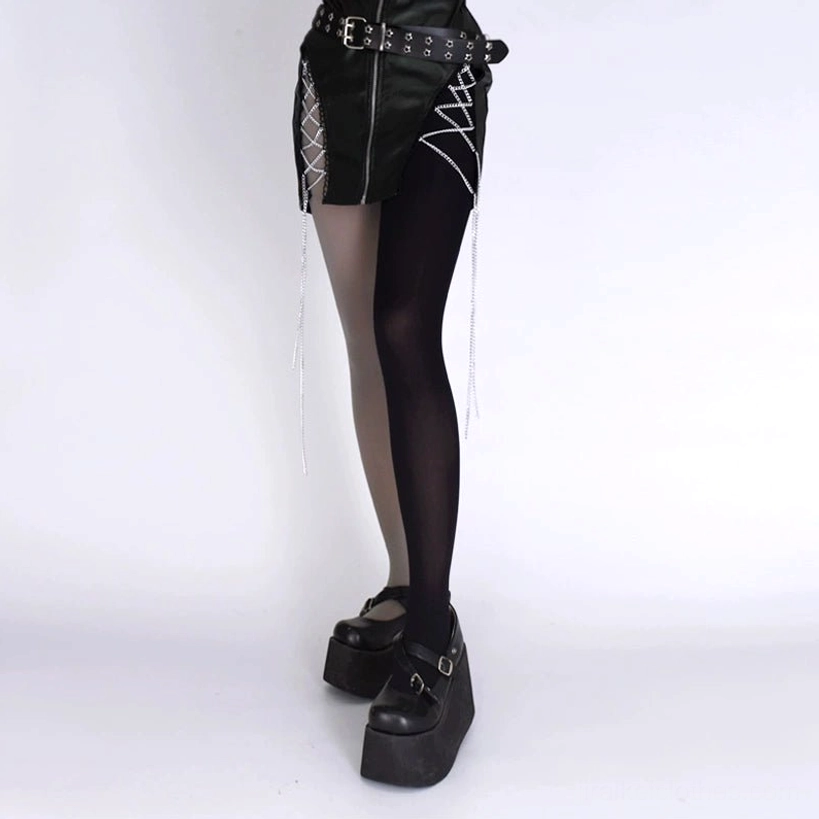 Jirai kei subculture fashion lookbook featuring split color velvet pantyhose styling combinations
