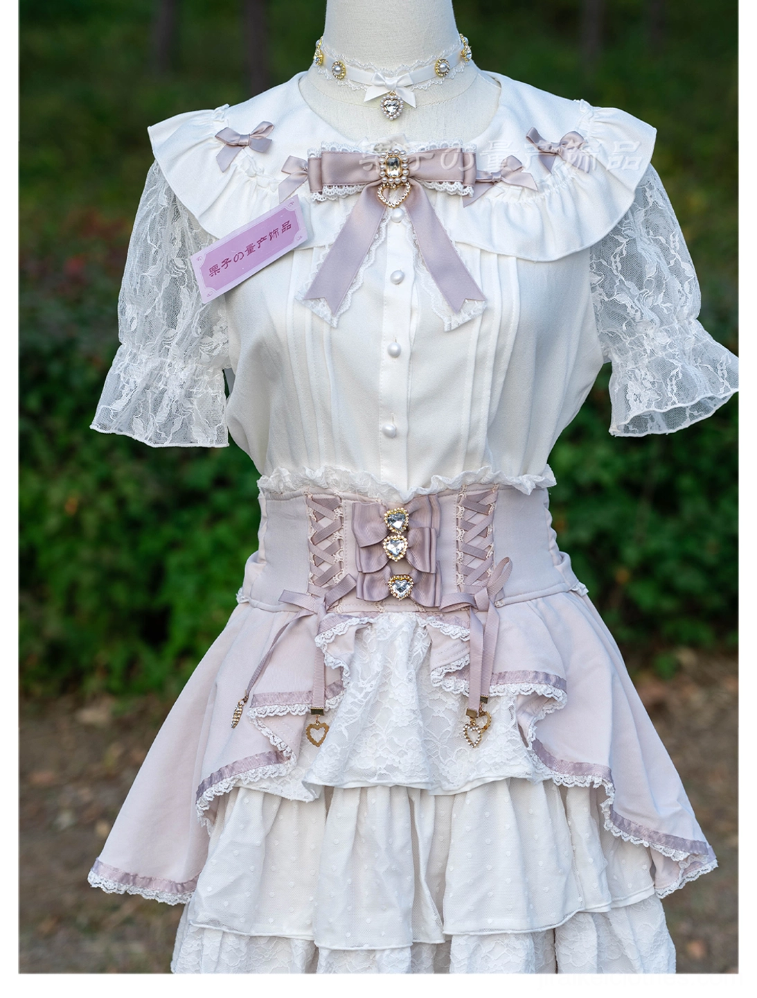 Jirai Kei vulnerability aesthetic choker necklace featuring soft satin bow delicate lace and sparkling rhinestones