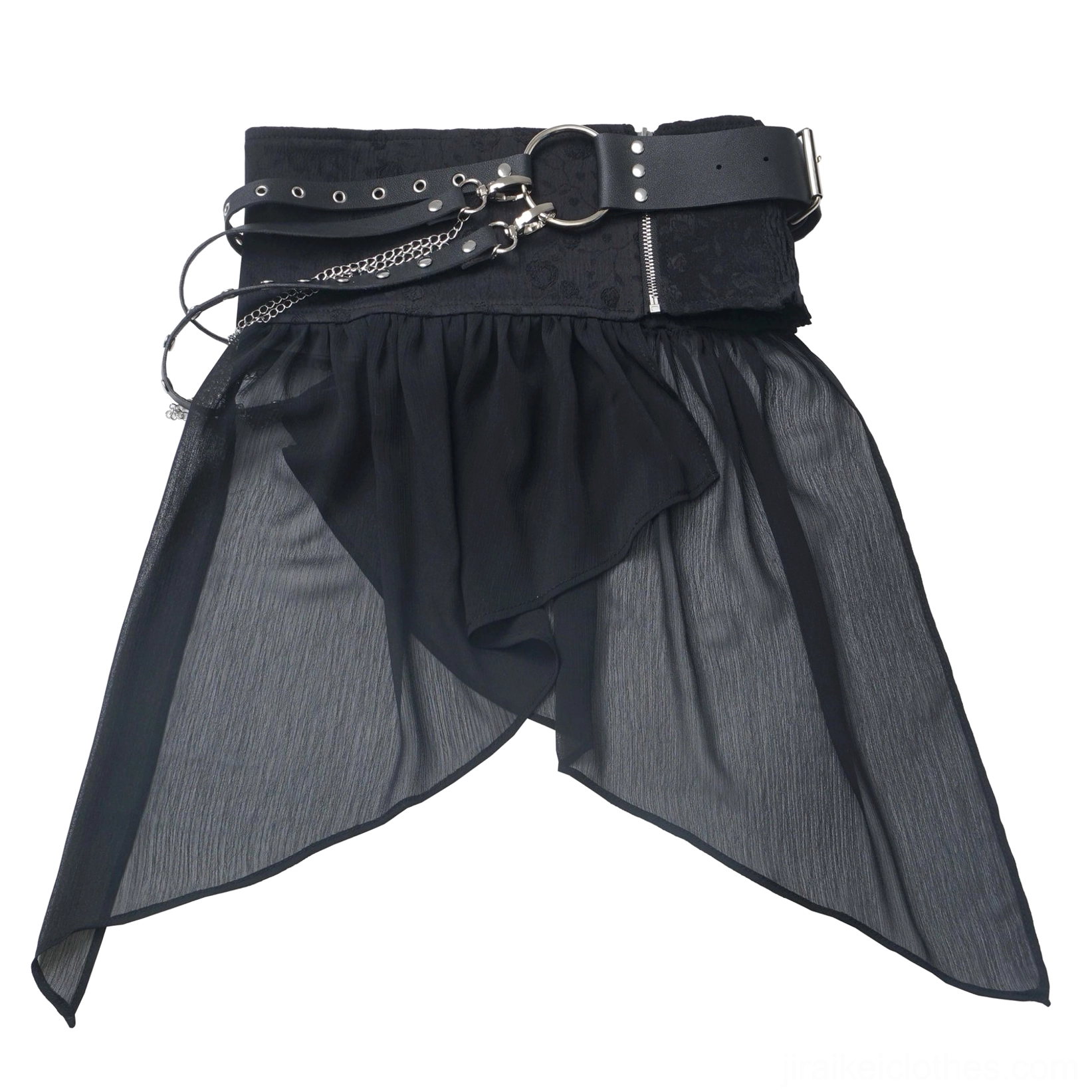 Jirai Kei waist cover worn detail view demonstrating functional zipper closure, irregular hemline design, adjustable belt customization, and gothic statement styling