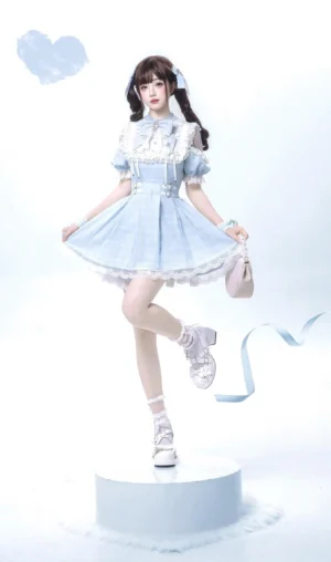 Water blue Jirai Kei mini dress full body low angle shot on display platform with pink heart handbag and white platform shoes summer aesthetic