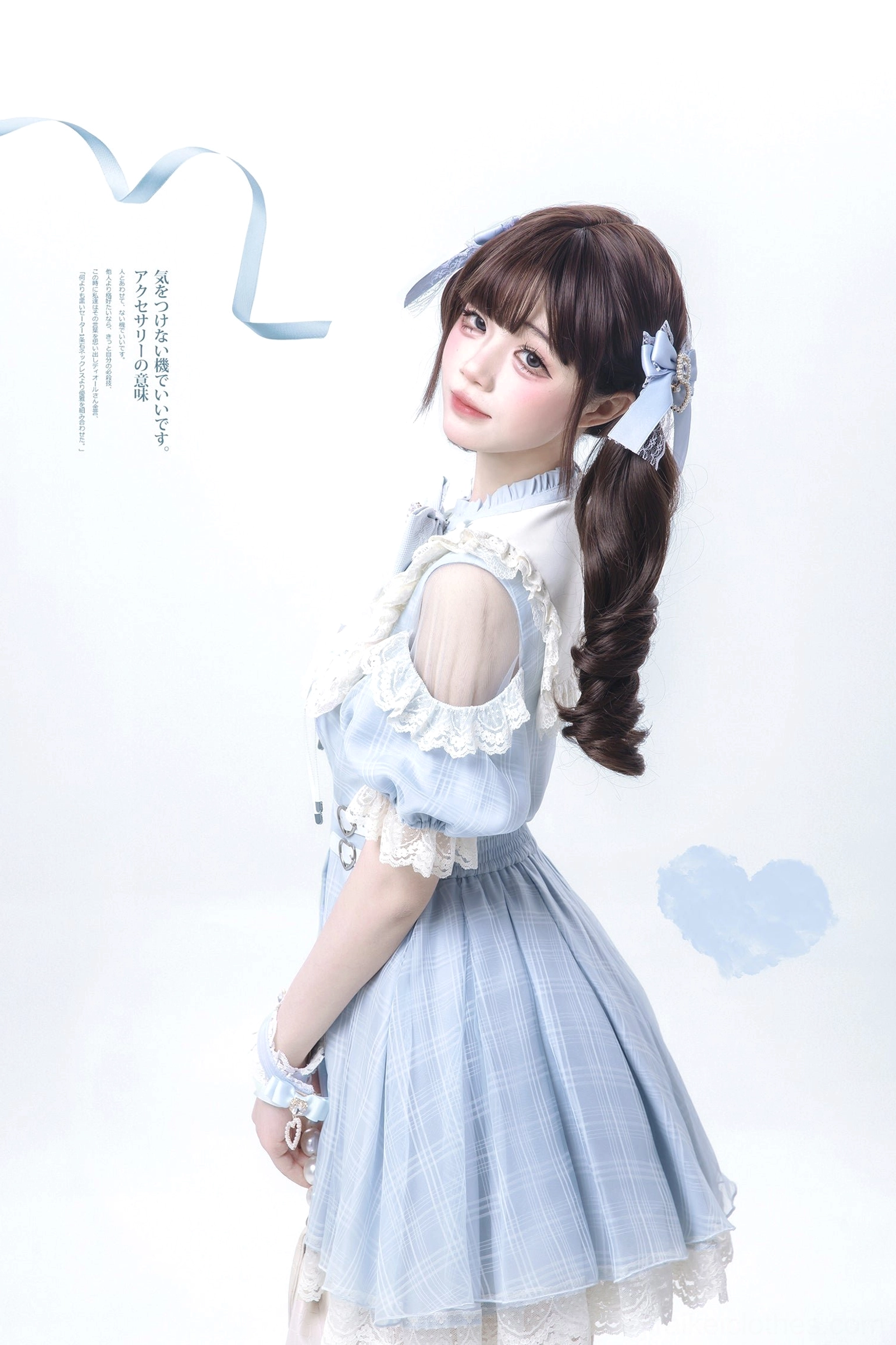 Water blue Jirai Kei dress side three-quarter close-up showing cold shoulder puff sleeves ruffled cuffs white lace trim and blue ponytail hair bows