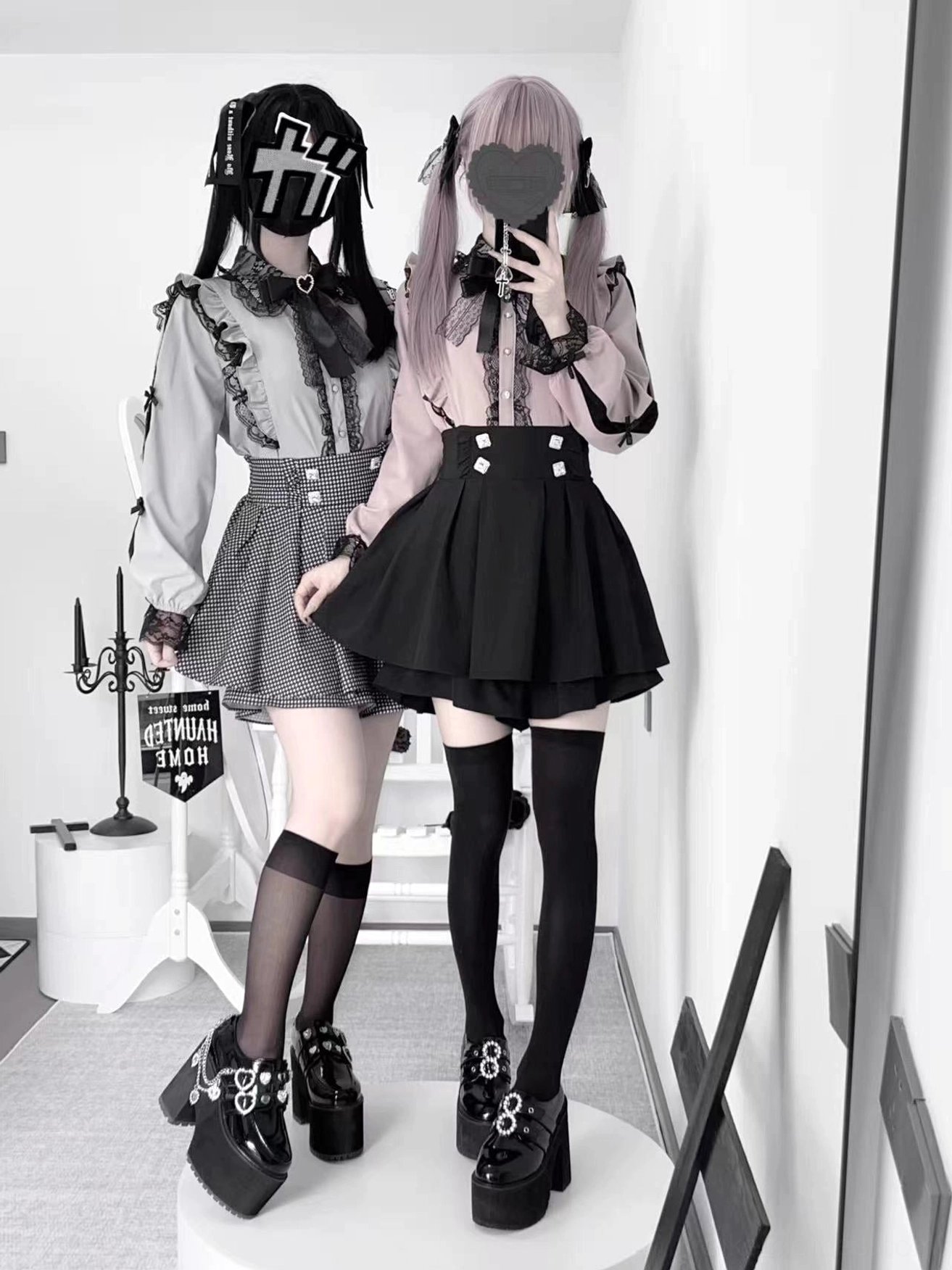 Jirai Kei matching lace blouse bowtie set water blue color back oblique full-body view studio photography two female models