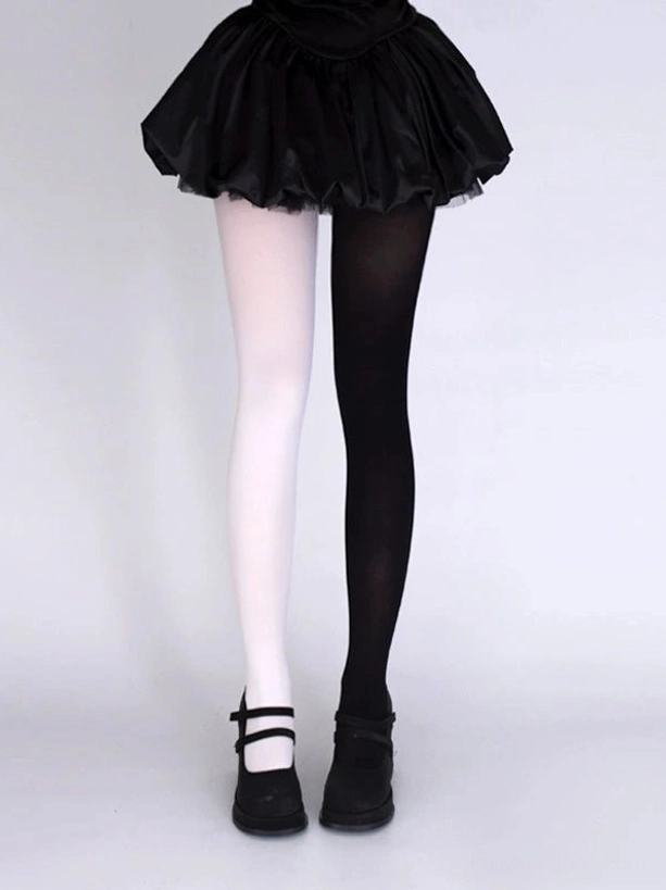 White and black split velvet jirai kei pantyhose full leg view with black ruffle skirt and mary jane shoes