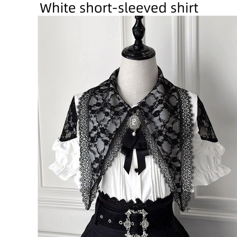 White short-sleeved Jirai Kei blouse with black lace capelet front view mannequin showing sailor collar and ruffled details