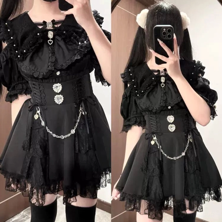 White Jirai Kei blouse modeling shot showing full length silhouette and ruffled sleeve construction