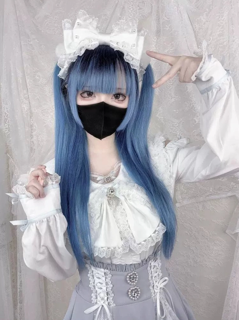 White and blue Jirai Kei blouse with puff long sleeves and corset-style waist