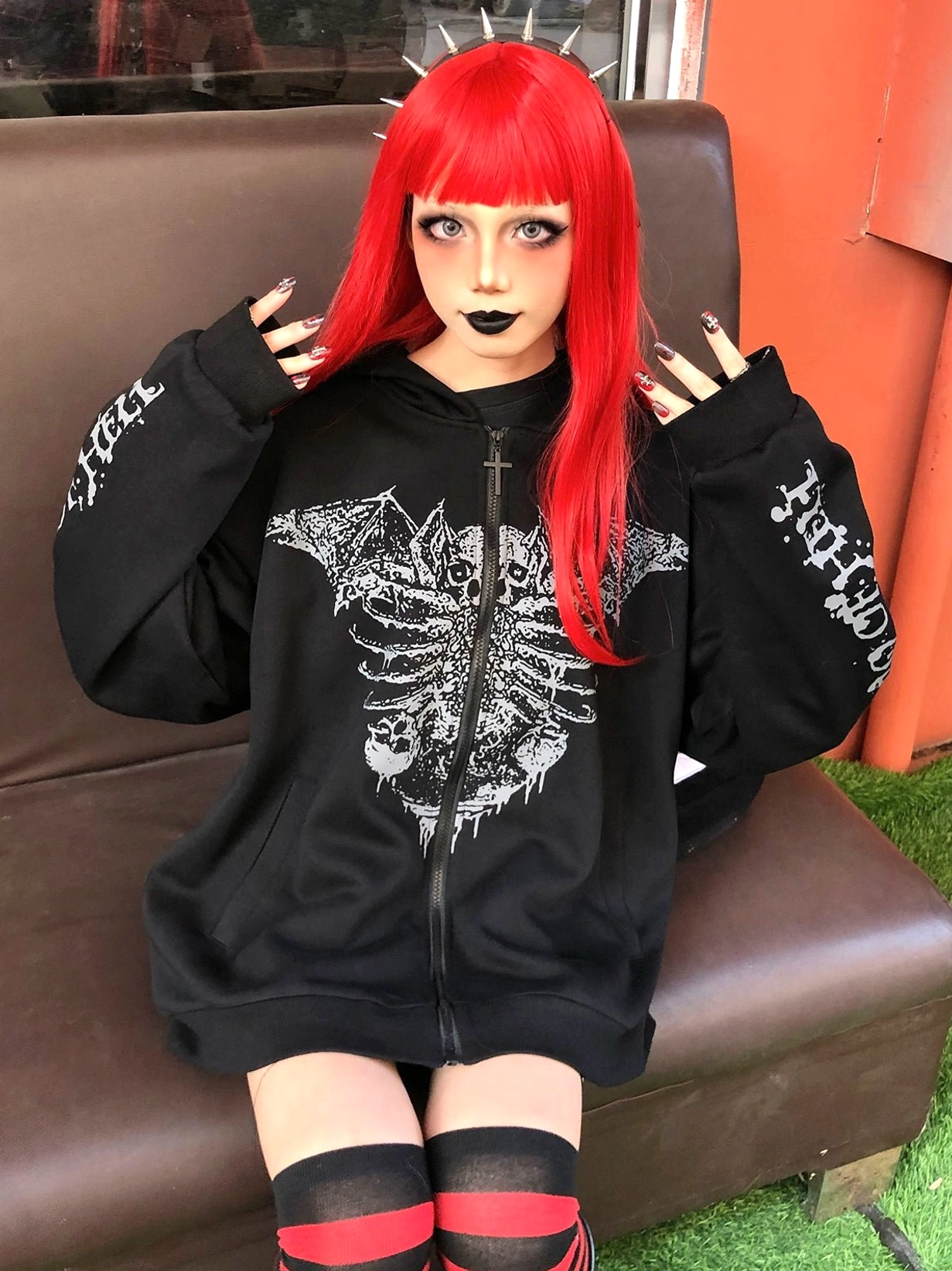 Jirai Kei white bone wing hoodie alternative colorway display, bright contrast with dark prints, showing versatile styling options for punk subculture