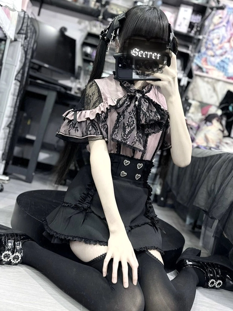 White bow jirai kei blouse set half-body front view with ruffled lace trim heart waist buckles and cut-out thigh details