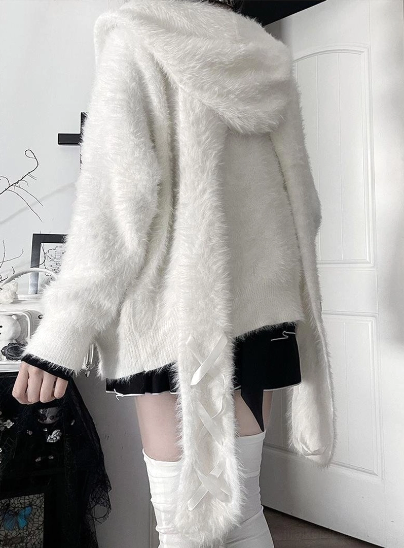 white faux mink bunny ear coat back view showing hood texture and plush fabric quality