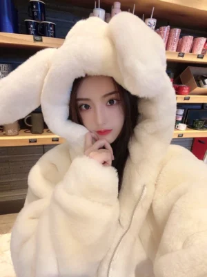 Jirai Kei white bunny ear fleece coat front close-up detail with fluffy plush hood and cute rabbit ears design
