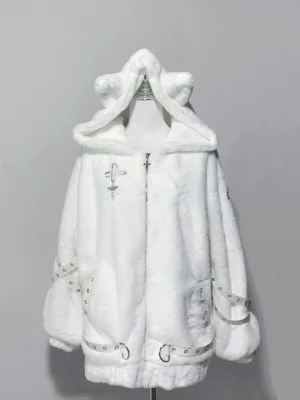 White Jirai Kei cat ear oversized plush coat with cross zipper charm and buckle strap details displayed on mannequin front view