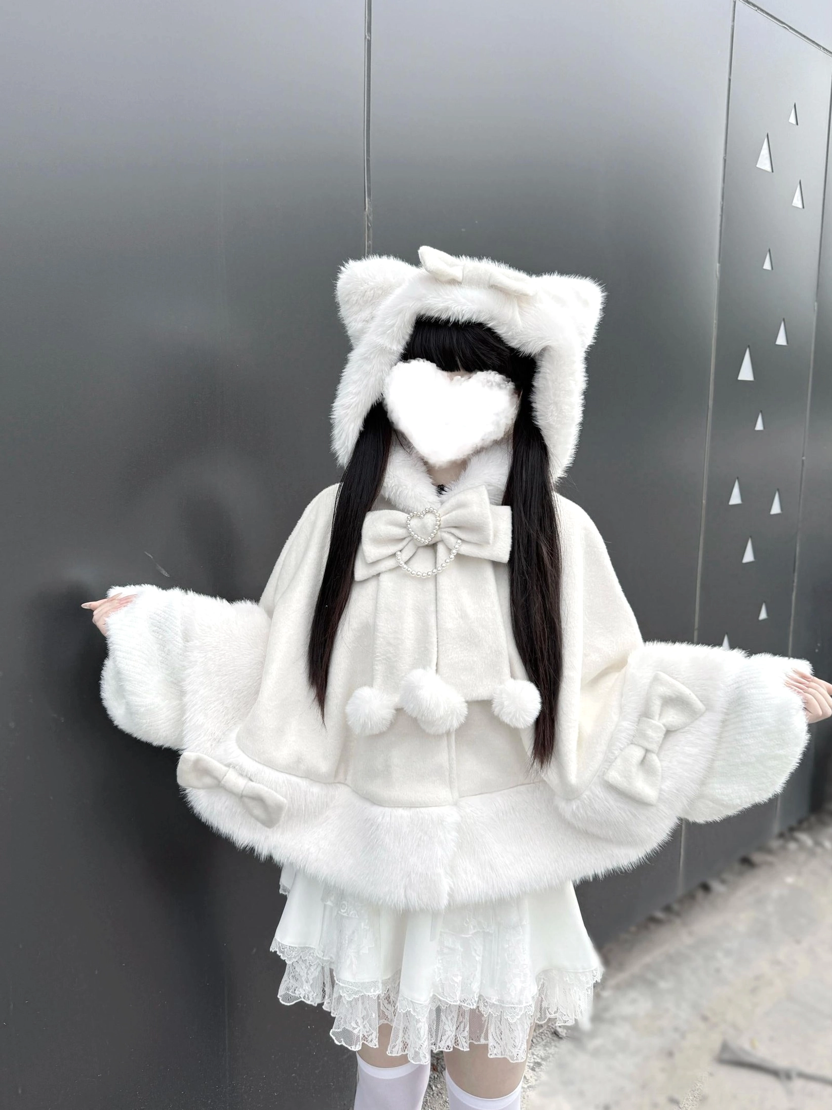 Jirai Kei white ivory cat ear hooded plush cape styled with lace skirt and heart face cover full body front shot