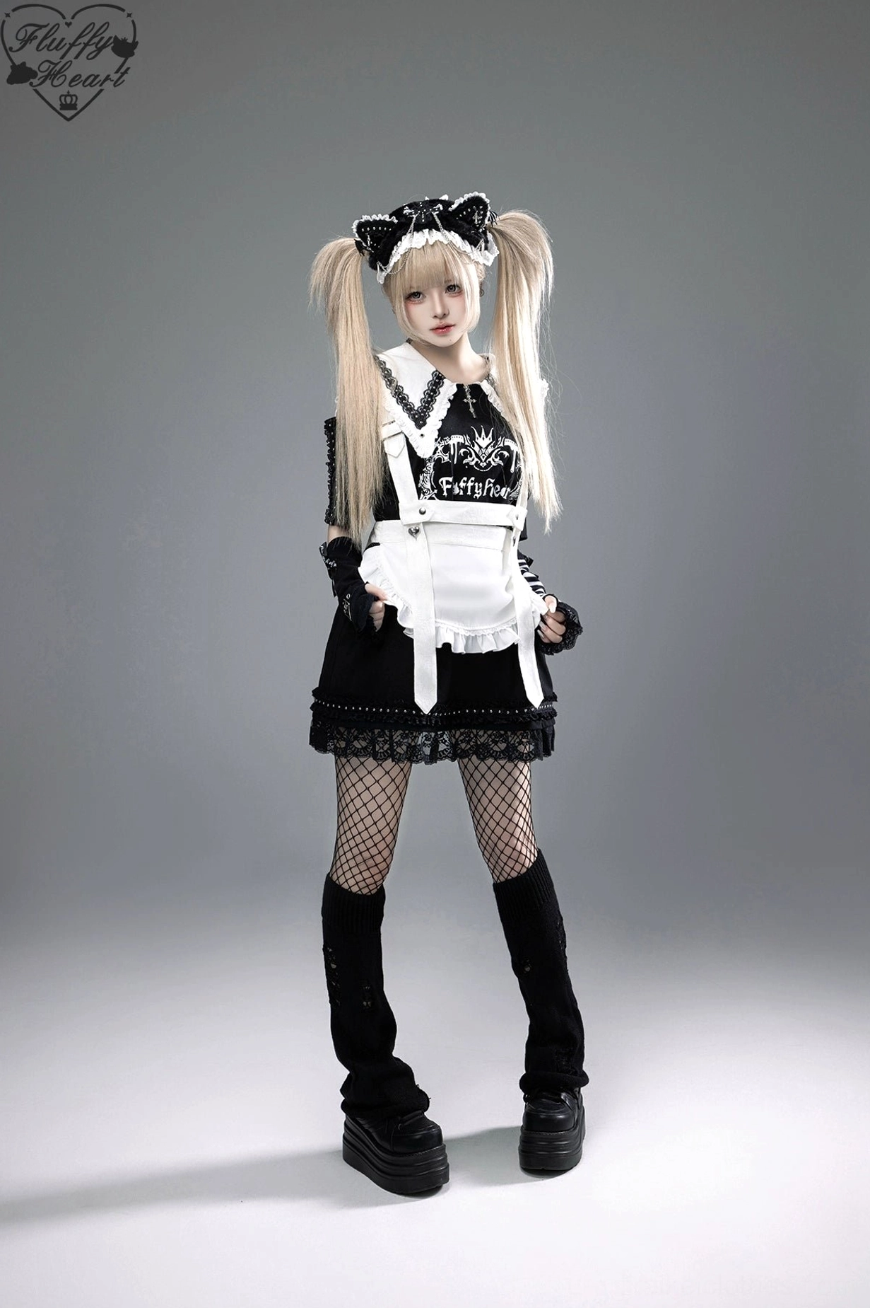 White Jirai Kei detachable suspender apron shown separately, revealing modular design system and apron construction details