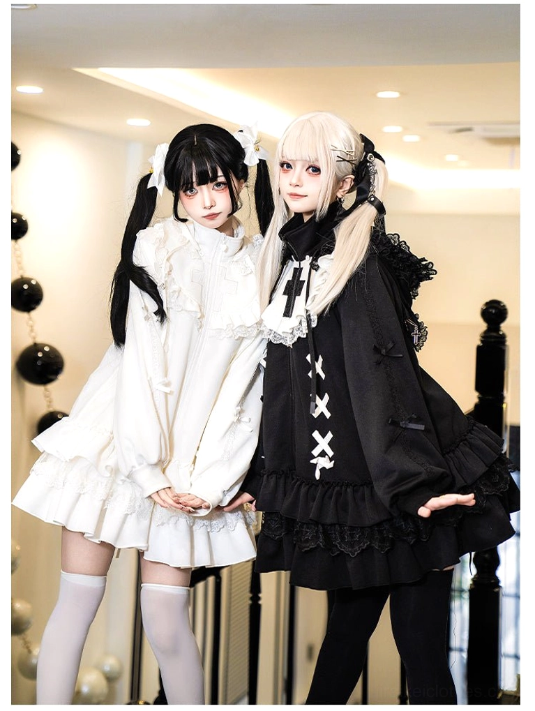 Matching Jirai Kei outfits front full-body shot white dress black hoodie twin tail hairstyles hanging orbs