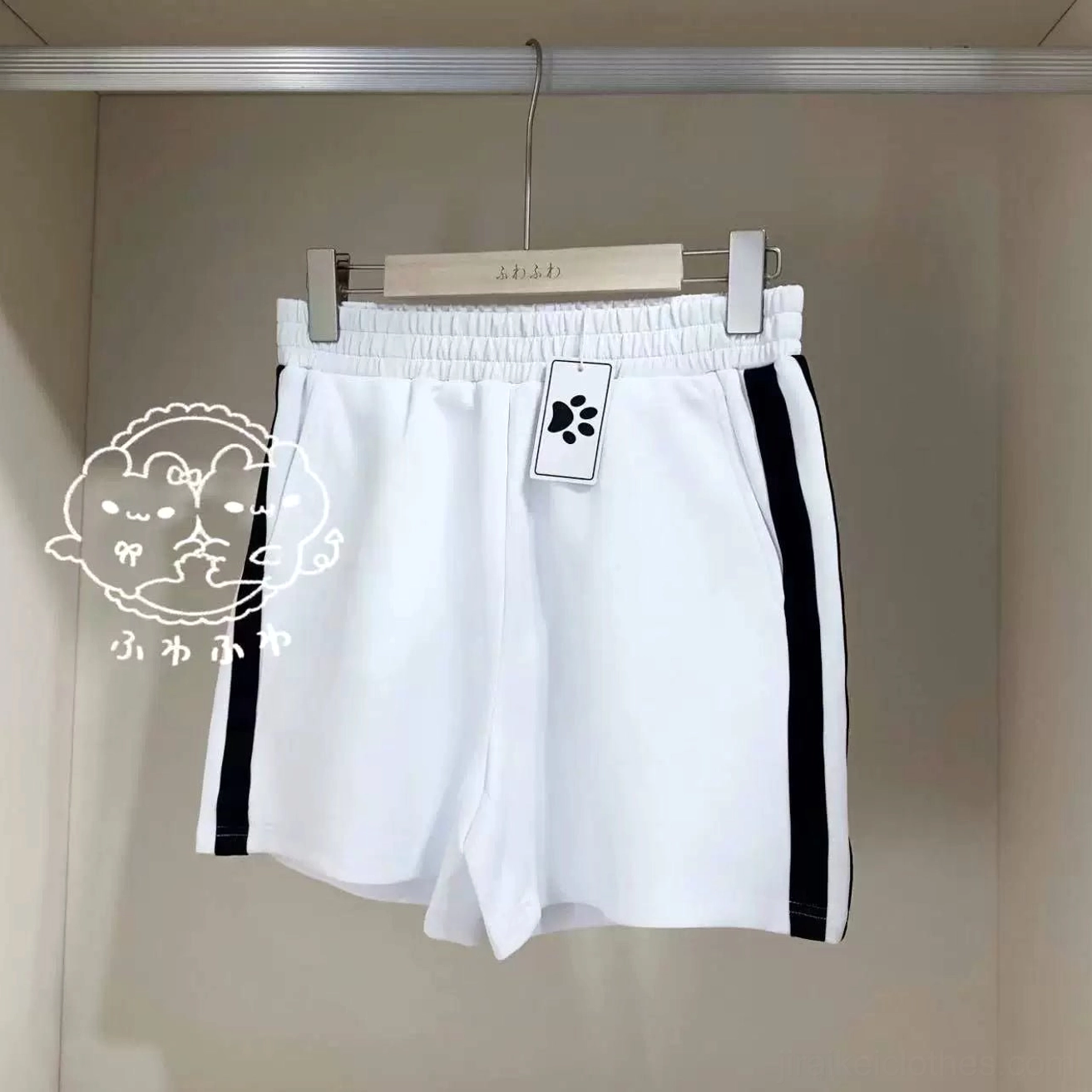 White elastic waist casual sports shorts with black side stripe accents, flat lay display showing waistband construction, coordinating with Jirai Kei aesthetic, available in one size and plus size options