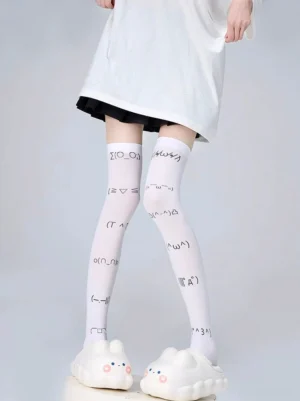 white emoticon pattern thigh-high hold-up socks jirai kei fashion kawaii emoticon print on white base casual daily wear