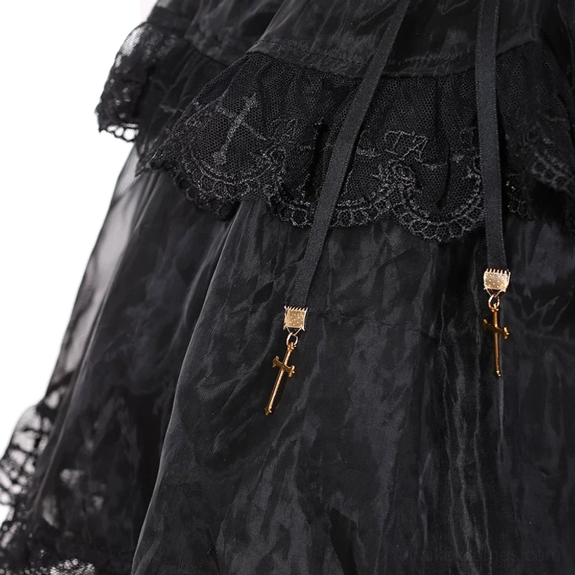 Jirai Kei flutter sleeve blouse white lace collar cross bow tie romantic silhouette ethereal design gothic lolita