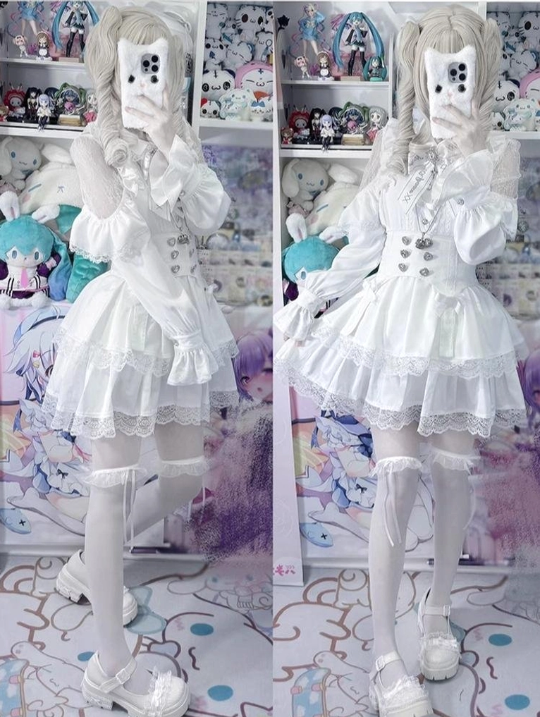 Jirai Kei white frilled lolita dress full-body side and back view on mannequins with layered lace skirt and sheer sleeves