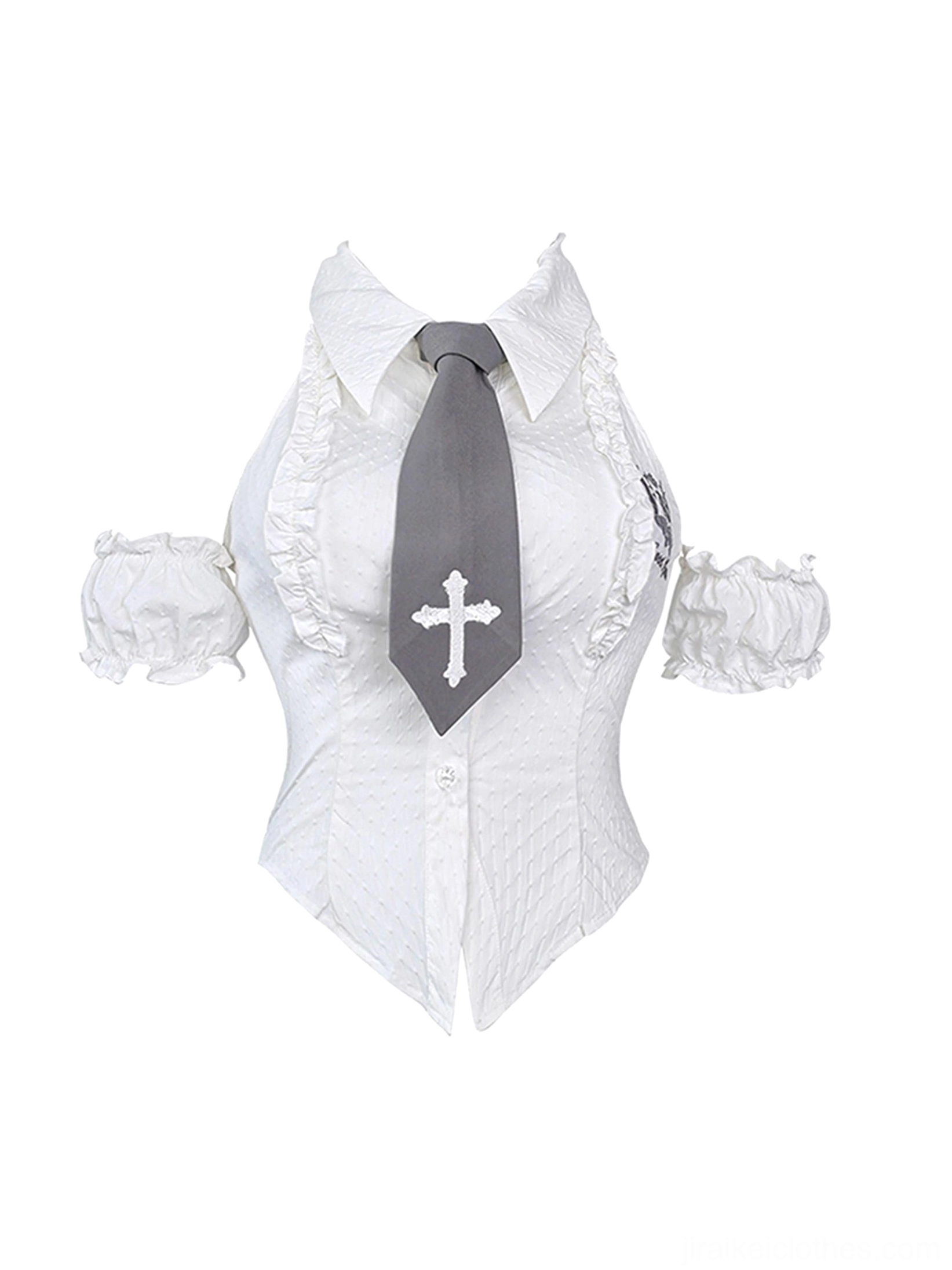 Flat lay front view of white corset-style halter collar blouse with embroidered cross necktie, gray cross tie, and ruffled off-shoulder detachable arm bands, detail shot