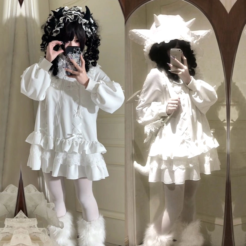 White Jirai Kei horn hood detachable sheep ear hood distinctive horn accents button secured