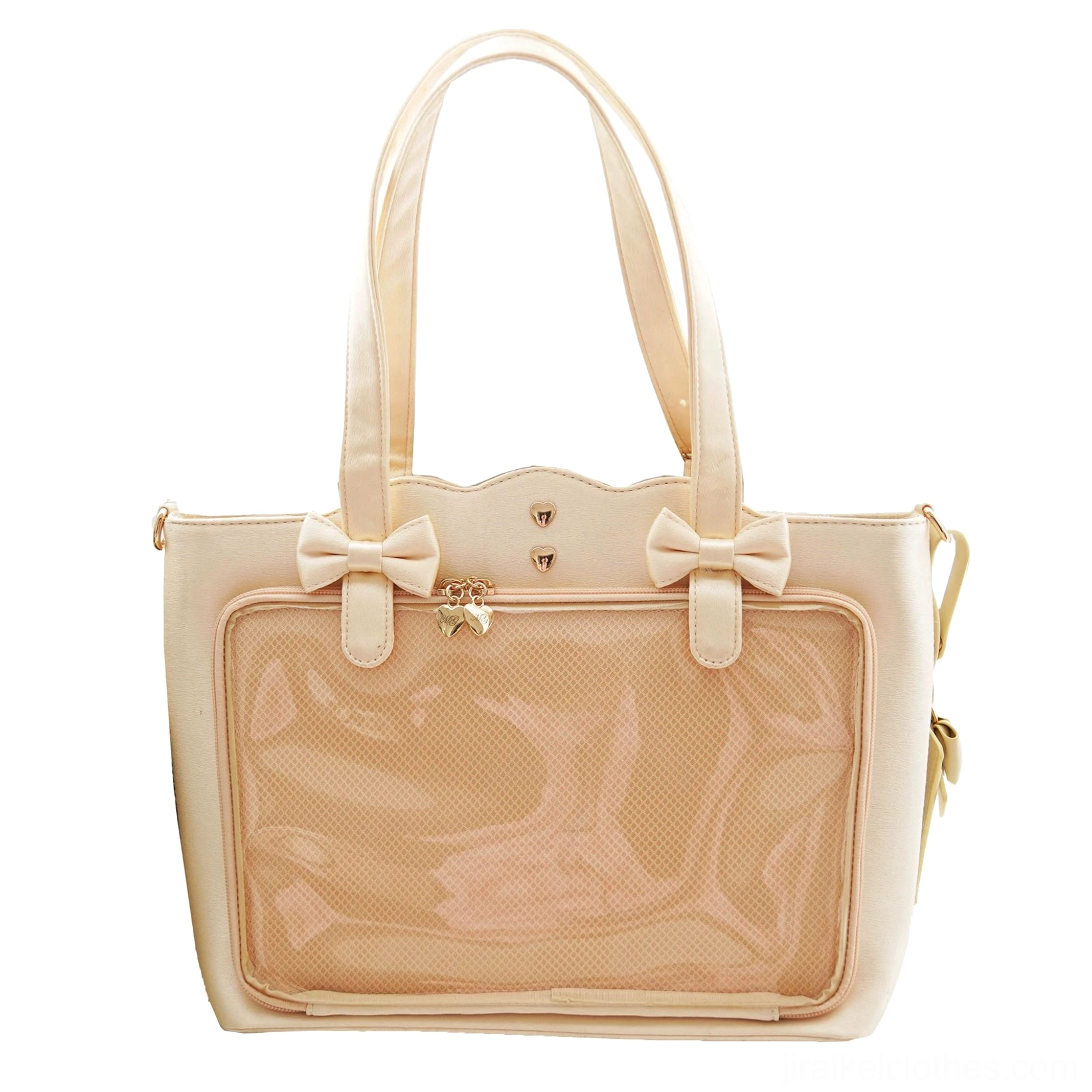 White Jirai Kei ita bag color variant with transparent anime pin display panel, heart-shaped metal studs, bow-decorated shoulder straps, and versatile neutral tone for outfit coordination styling