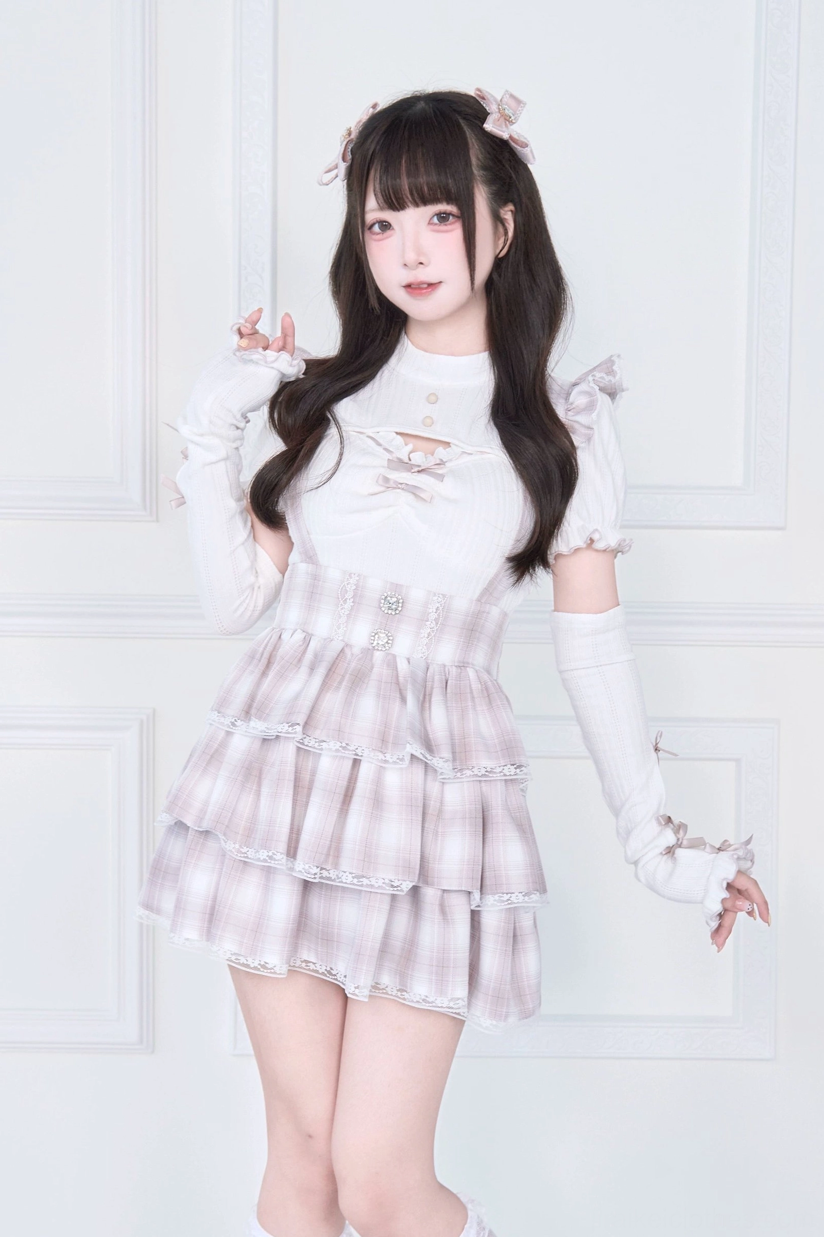 White Jirai Kei knit top with tiered plaid ruffle skirt and long gloves front view - sweet subculture outfit