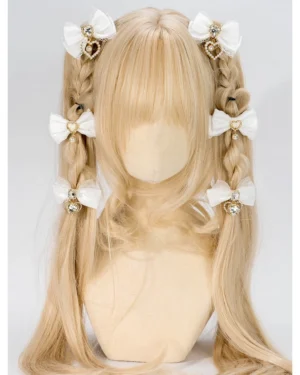 White lace bow rhinestone hair clip pair with gold heart charms on blonde twin braided hairstyle - Jirai Kei double-layer barrette front view