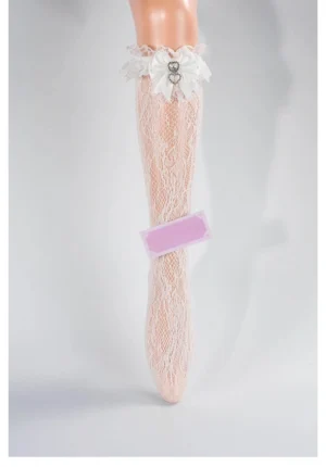 White lace mid-calf Jirai Kei socks with ruffled cuff, white bow and heart rhinestone embellishment, front full view on mannequin leg