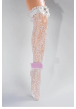 White lace mid-calf Jirai Kei socks with delicate ruffled lace cuff detail, solid off-white floral lace texture, front partial close-up view